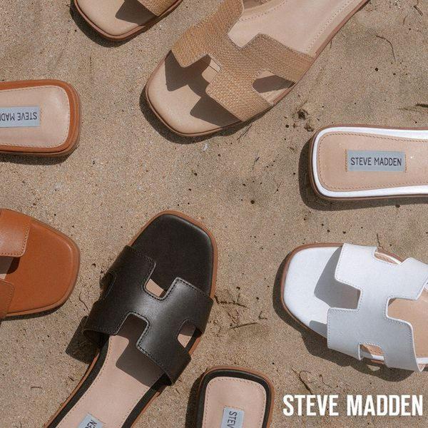 sandals, slides, slip on shoes, flat sandals, summer shoes, brand awareness, flat lay, warm, luxurious, neutral, brown